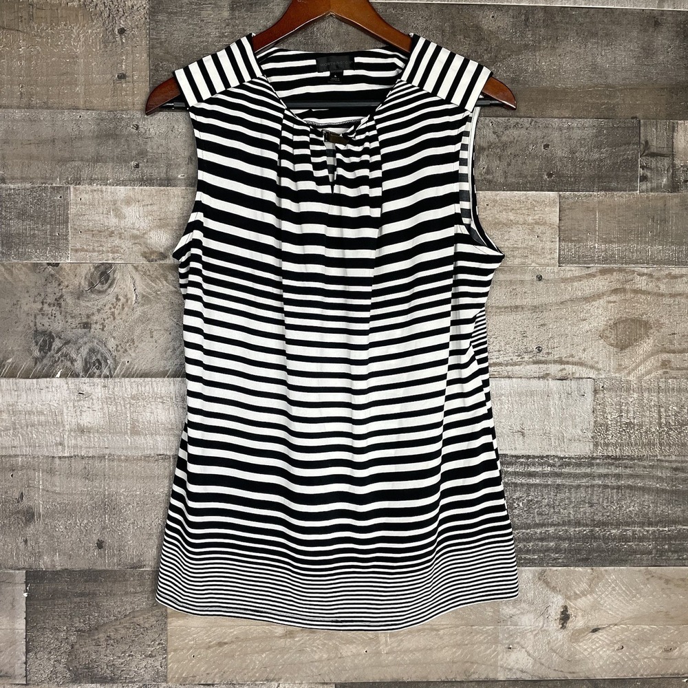 Worthington Sleeveless Top Womens Large Keyhole‎ Striped Black White Blouse Work